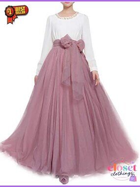 Long Maxi Tulle Skirt Floor Length A Line High Waisted Bowknot Belt